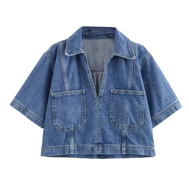MUJER Blue Denim Shirt Woman Short Sleeve Cropped Shirt Women Summer Short Tops Woman Streetwear Y2k Stylish Women's Blouses