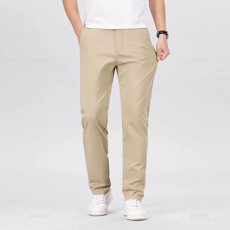 High Quality 97% Cotton Men's Straight Pants Business Solid Color Khaki Light gray Casual Formal Suit Trousers Plus Size 40 42
