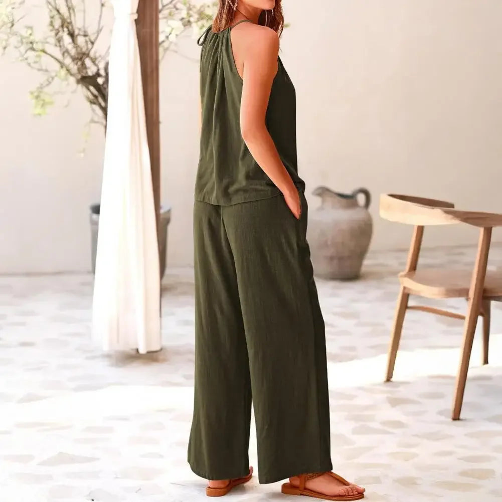 Summer Fashion Retro 2 Piece Set for Women Casual Solid Color Sleeveless Off Shoulder V Neck Top Straight Wide Leg Pants Suits