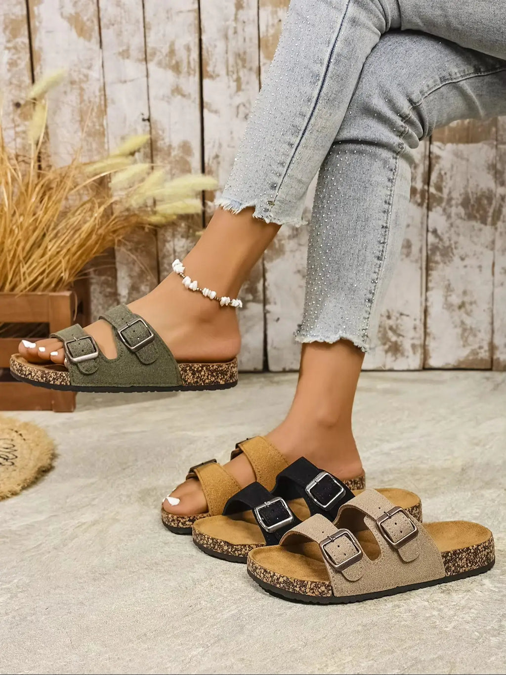 Women's Summer and Spring/Autumn Simple Suede Pu Upper Double-Strap Solid Color Flat Slip-On Open-Toe Slide Sandals with Adjustable Buckle Beach Sandals