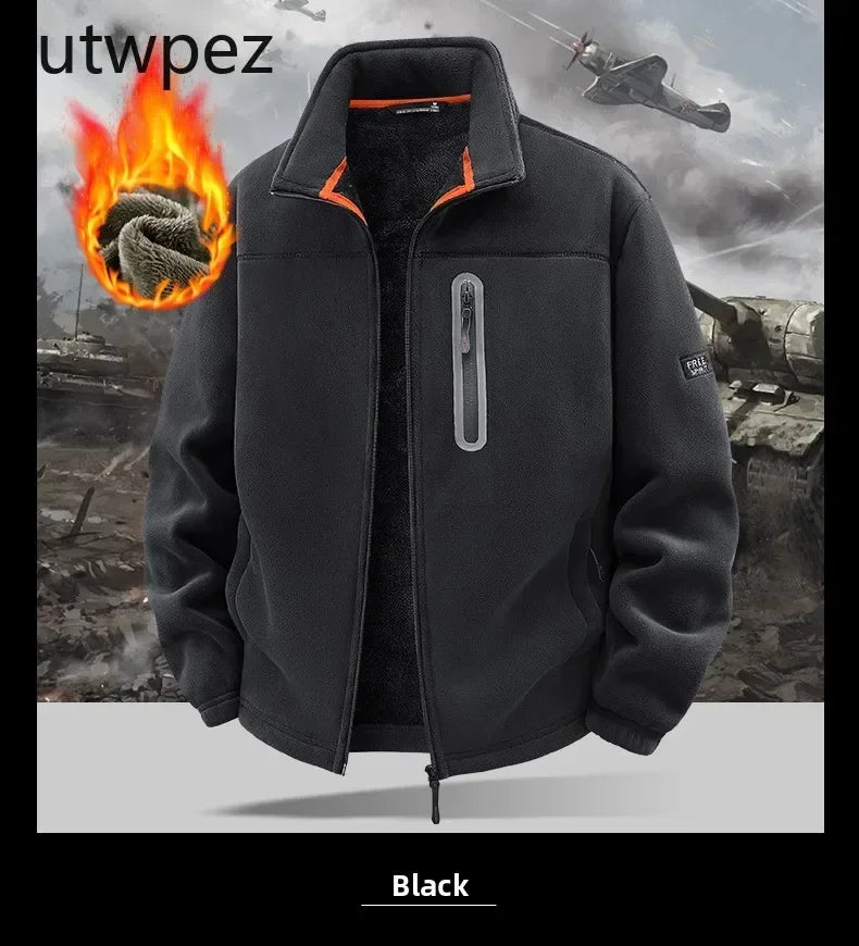 Men Climbing Double Thickened Pocket Jacket Outdoor High Collar Windproof Ski Sweatshirt Coat Man Snow Winter Warm Fleece Jacket