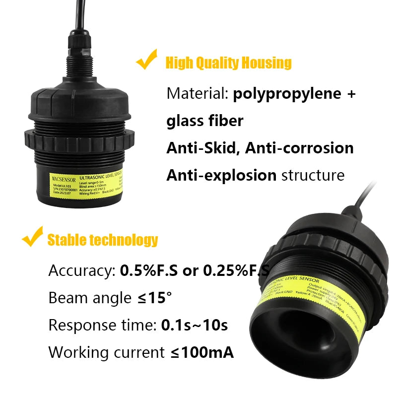 Ultrasonic Type Optional 5~ 15m 420ma 10-30 VDC 100mA Supply Seawater Level Sensor