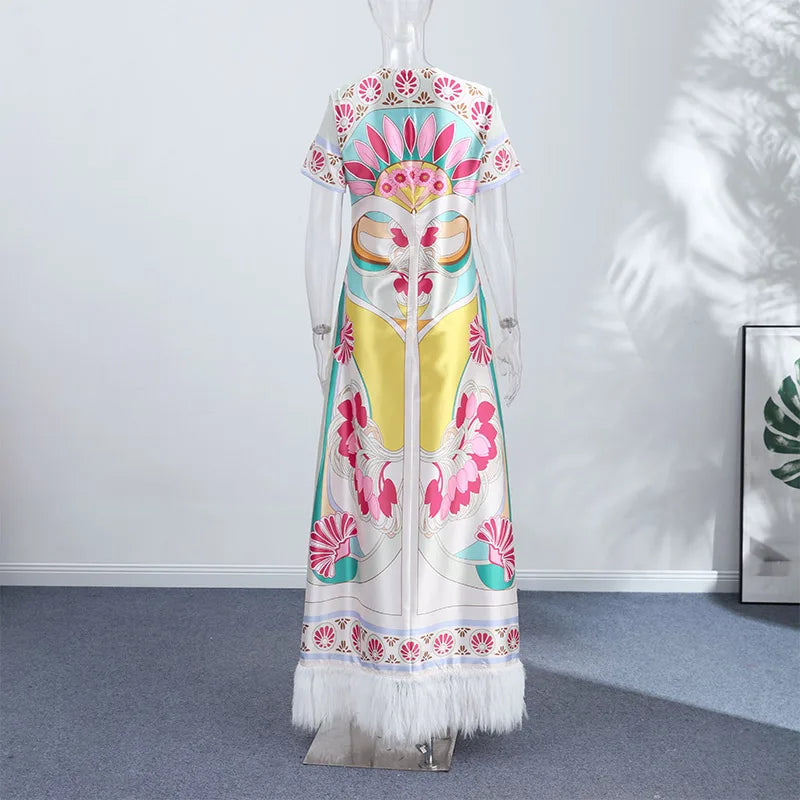 Chic Printed Women's Dress O-Neck Short Sleeve Loose Feather Patchwork Women'S Long Dresses 2026 Summer Female Vacation Robe