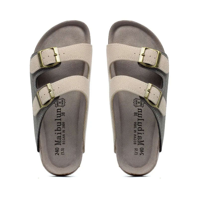 Nubuck Women Cork Slippers Summer Mule Clogs Flats Sandals Slides Casual Beach Couple Double Buckle Soft Shoes Footwear Big Size