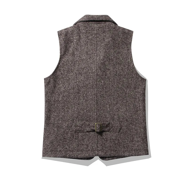 Good Quality Winter Fashion Men's Retro British Tweed Wool Vest Thick Double-Layer Multi-Pocket Suit-Collar Vest Warmth Top Male