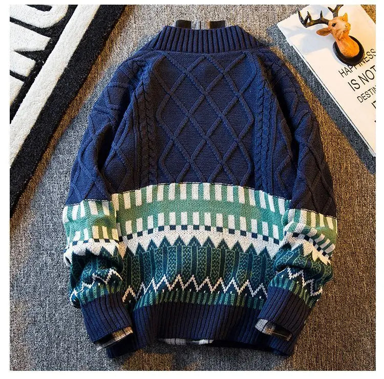 2023 New Autumn and Winter Retro Patchwork Diamond V-neck Color Matching Loose and Handsome Casual Knitted Cardigan for Men