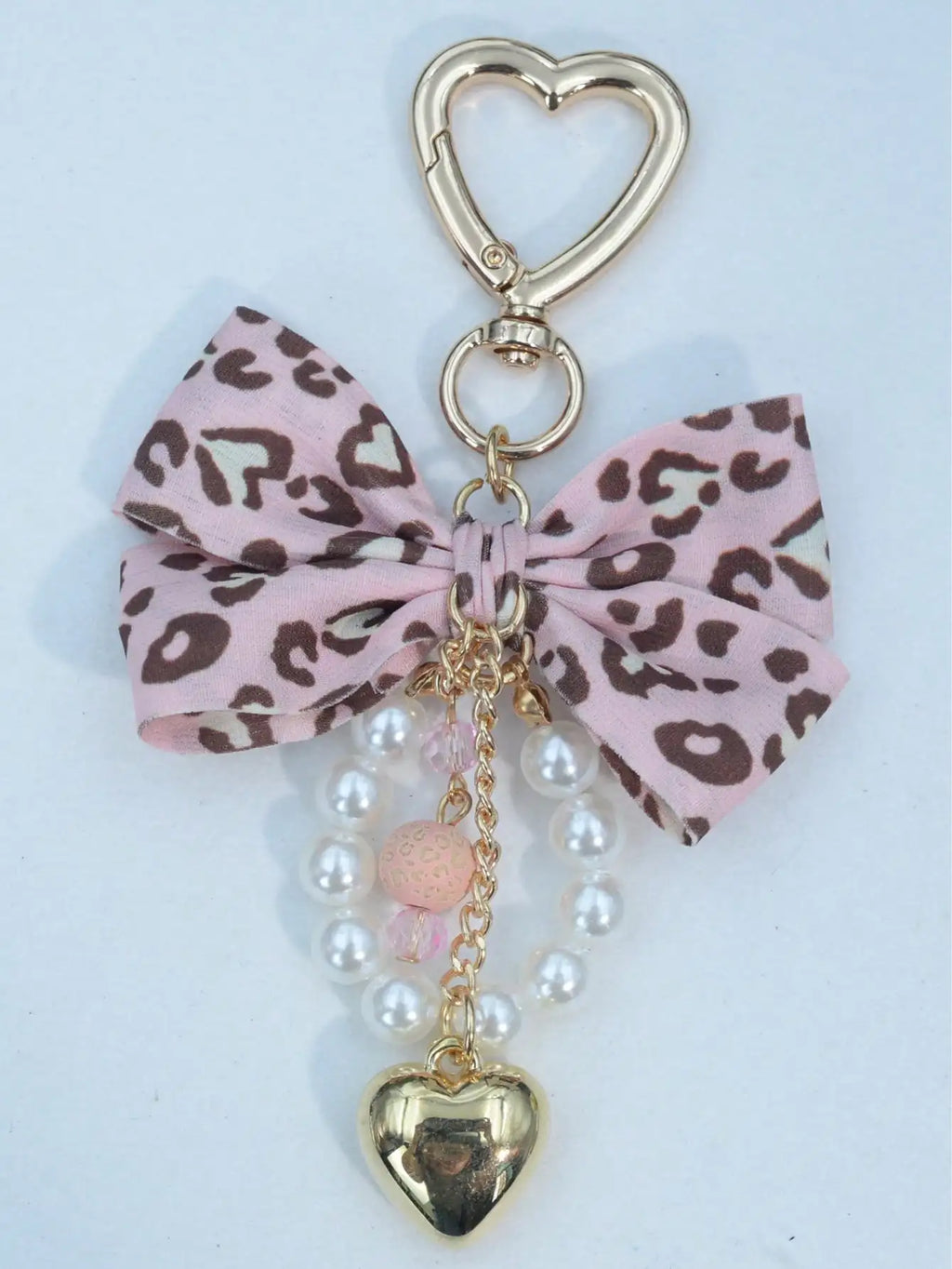 Leopard Print Bow Keychain Heart Pendant Women's Bag Simple Charm Pearl Keychain Beaded Charm Gift For Women