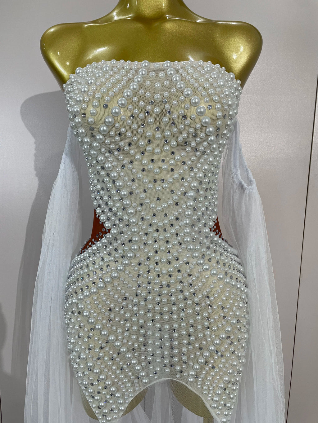 Elegant Sparkly Rhinestone White Pearl Sexy Strapless Mesh Long Dress Wedding Guest Gowns Luxury Birthday Evening Party Dress