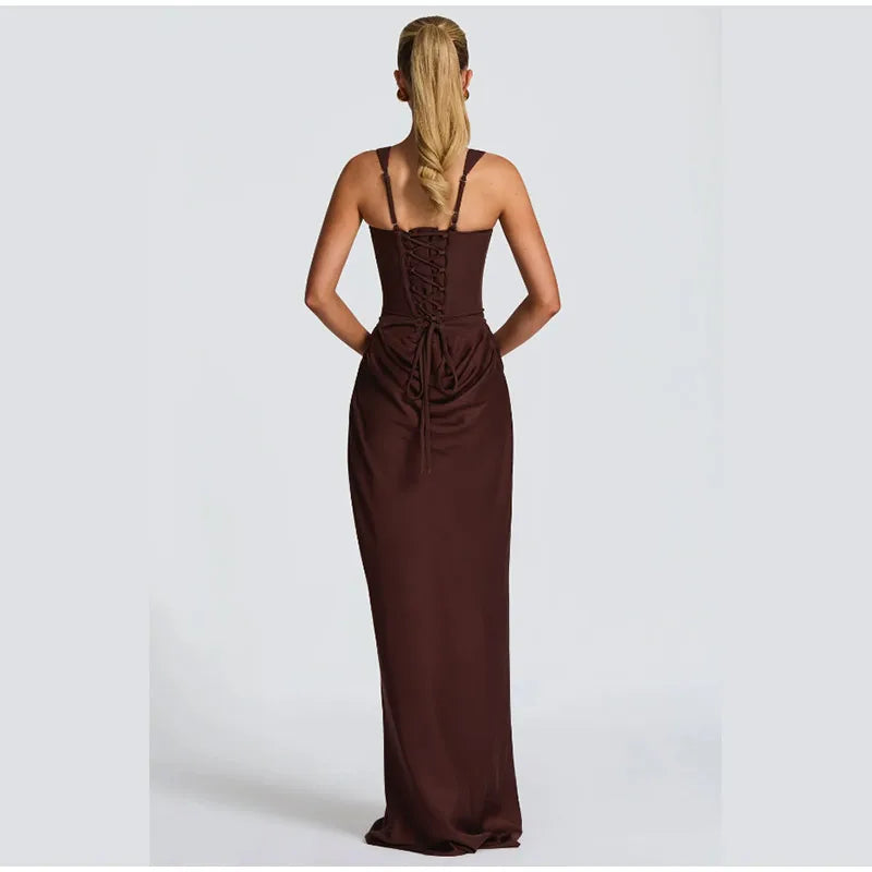 Solid Pleated Sling Dress Women Square Neck Sleeveless Backless Waist Cinching Bodycon Dresses Lady Summer Evening Party Gowns