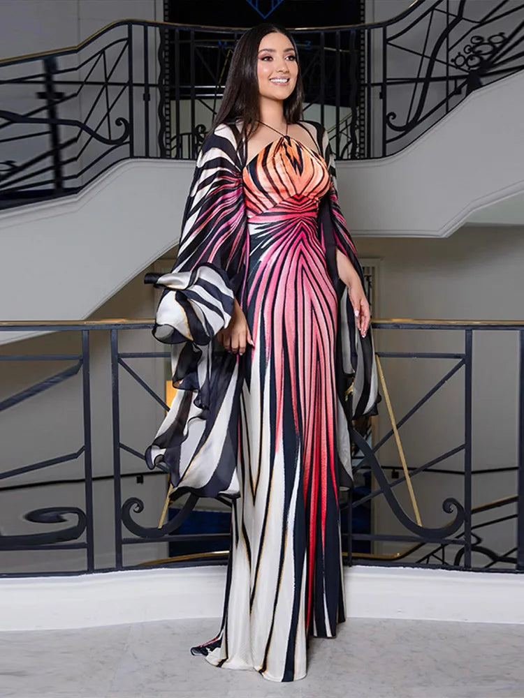 Sexy Printed Women's Dress Wide Sleeve Backless Waist-Closed Hip Package Lady Long Dresses 2026 Summer Autumn Chic Female Robe