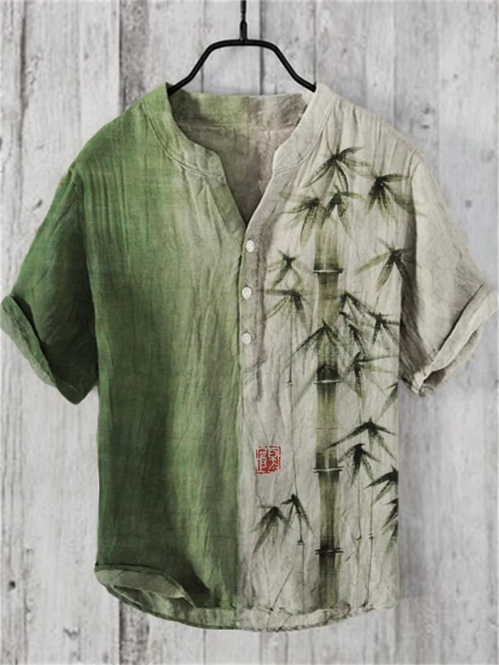 2024 New Men's Shirt Japanese Vintage Art Print Linen Short Sleeved Shirt Hawaiian Style Button Henry Neck Shirt