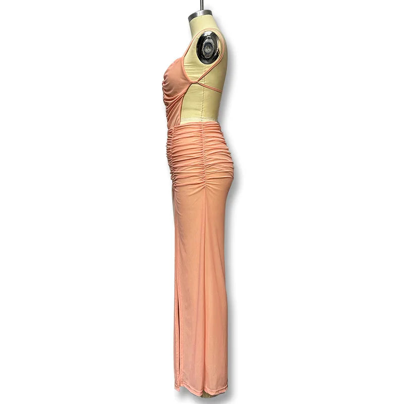 Sexy See-through Mesh Long Dress High Split Halter Pleated Maxi Dresses Prom Party Vestidos Women Backless Outfit Beach Sundress