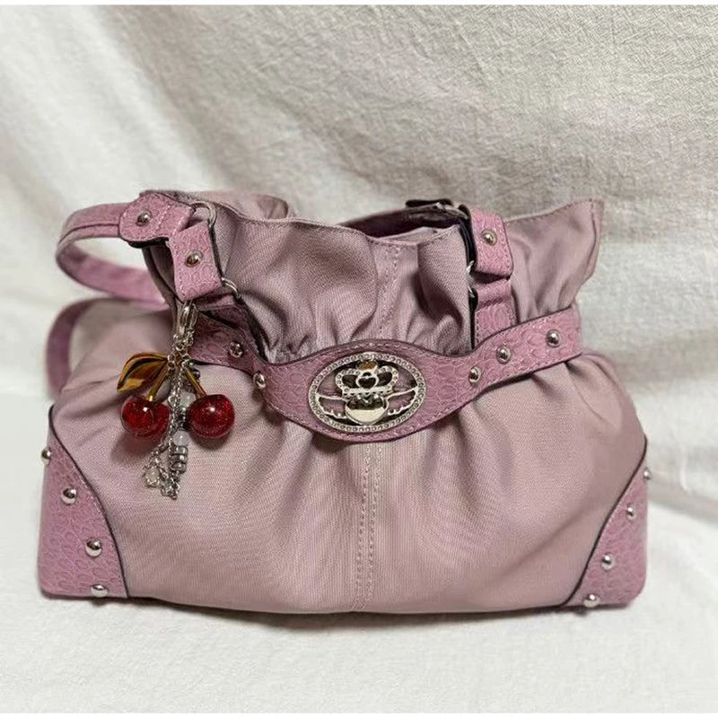 Luxury Women Rivet Handbag,Y2k Girls Metal Studded Underarm Shoulder Bag,Niche Belt Buckle Commuter Chic East-West Tote Bag