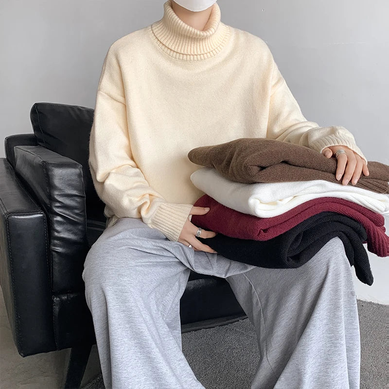 2026 New Autumn Men Turtle Neck Sweater Unisex Casual Loose Fit Trendy Knitted Top Pullovers Outwear Clothing Oversized M-3XL