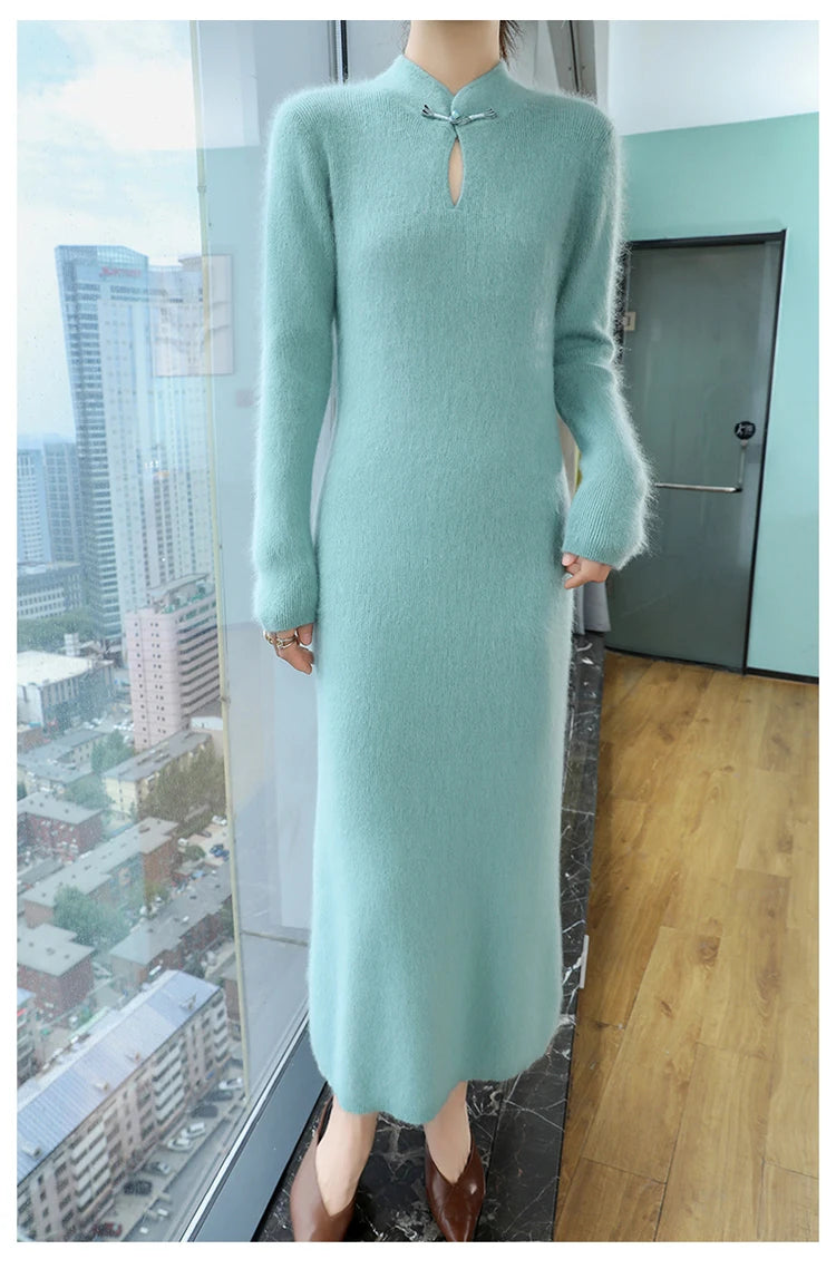 Women' 100%Pure Mink Cashmere Dress Stand-Up Collar Buckle Slim Knit Long Skirt Fashion High Waist Over The Knee Bottoming Dress