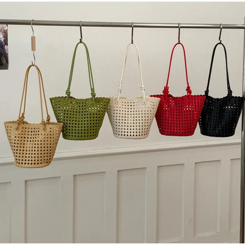 Hand-woven Openwork handBag With Zipper Inner Pocket,summer Pu Leather Beach Bucket Bags,large Capacity Simple Shopping handBag