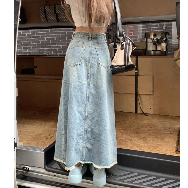 Women's Tassel Denim Long Skirts, Vintage Pocket, A-line Jeans Skirt, High Waist, Women's Fashion, Spring, S-5XL