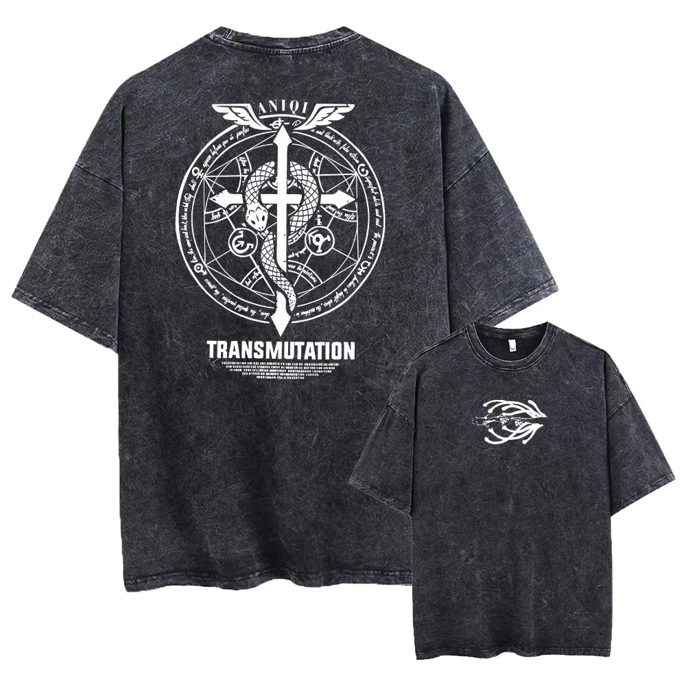 Anime Fullmetal Alchemist Acid Tshirt Men Printed Retro Harajuku Style Fashion Streetwear Performance Short Sleeve Top Unisex