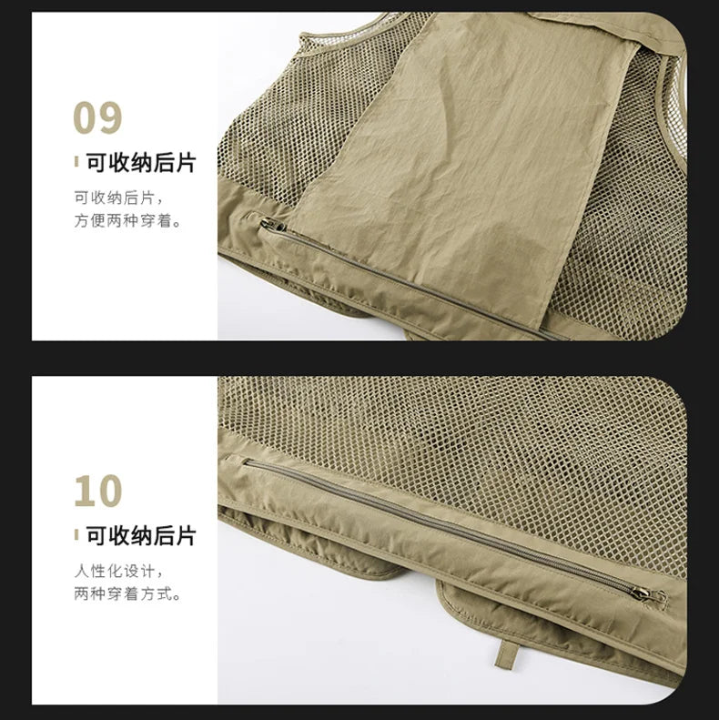 Mesh Men's Fishing Vest Multi Zip Pocket Hiking Waistcoat Male Light Thin Outdoor Sleeveless Jacket Work Summer Travel Plus Size