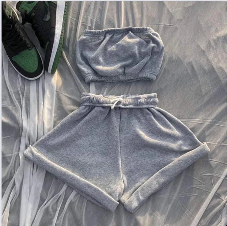 Thin Summer New Solid Color Lace Up Tracksuits Women Sleeveless Backless Tube And Shorts Two Piece Sets Casual 2pcs Outfits