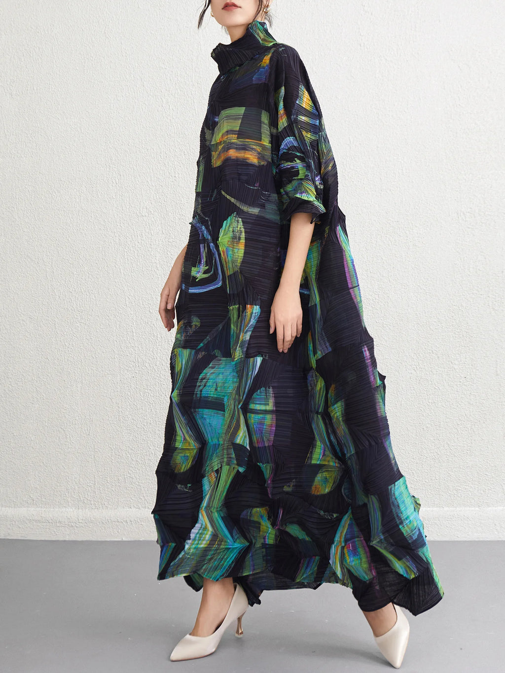 Miyake Fold 2025 Spring New Dress Women's Irregular Print Fold Waist Advanced Sense Dress