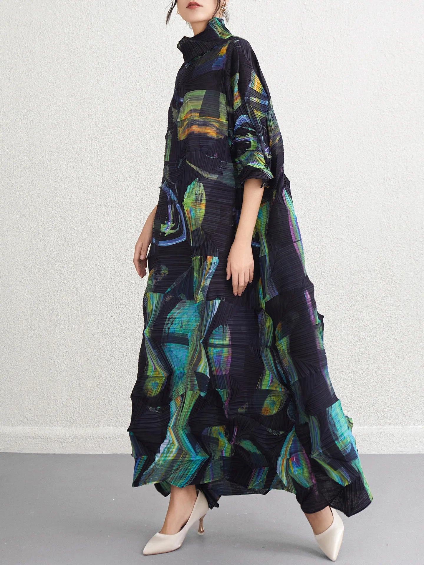 Miyake Fold 2025 Spring New Dress Women's Irregular Print Fold Waist Advanced Sense Dress