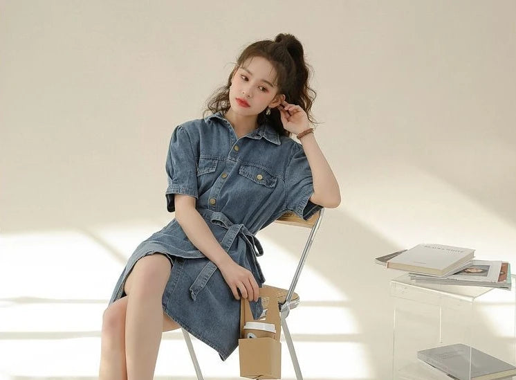 2026 Summer New Slimming Short Sleeve Midi Denim Dress Stylish Trendy Waist Cinching Women's Popular Wear