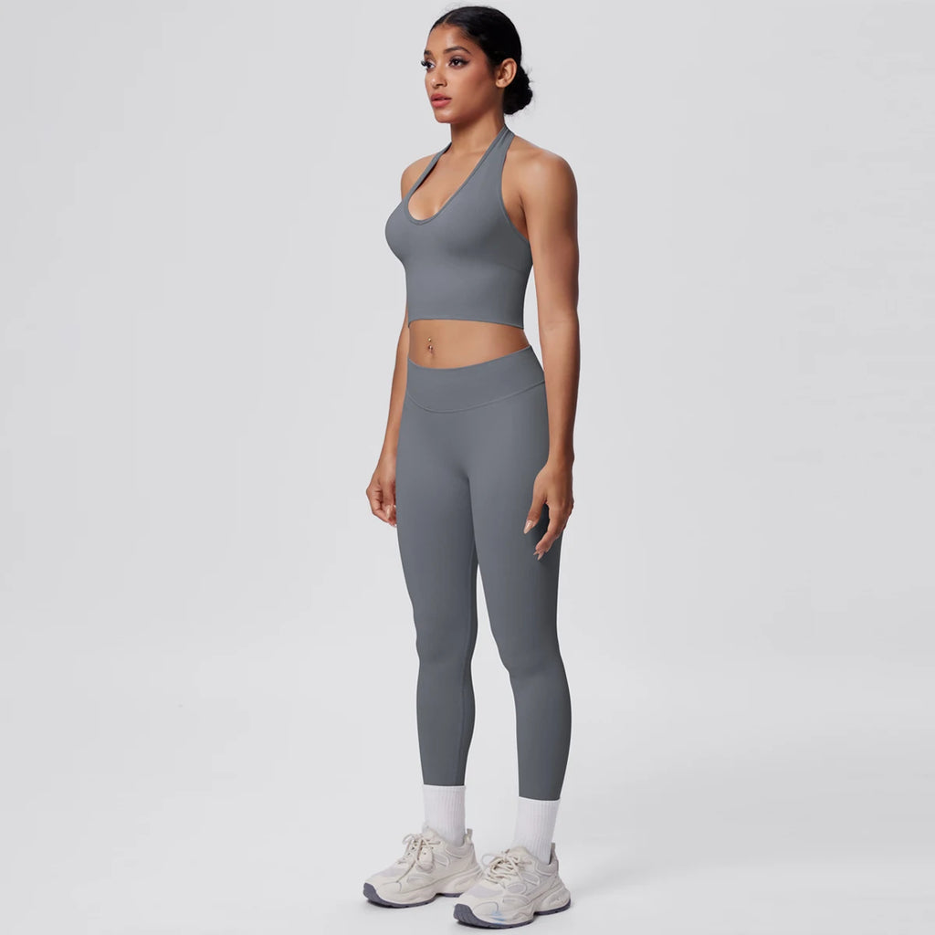 Rooftrellen 2PCS/set Women Gym Sports Yoga Set Breathable Shockproof Workout Top Backless Bra Push Up Fitness Pants Yoga Set