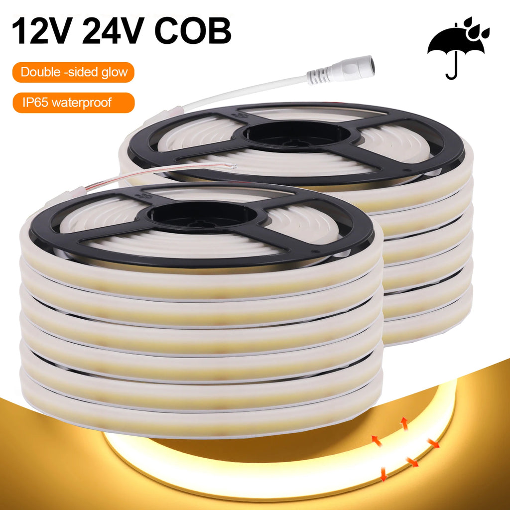 IP65 Waterproof COB LED Neon Strip 12V 24V 320Leds/M for Room Warm/Natural/Cool White Flexible Ribbon LED Light for Garden Decor