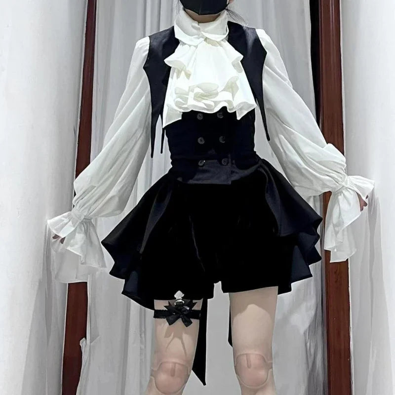 Gothic Lolita Two Piece Set with Bow, Y2K Aesthetic Flare Sleeve Mini Dress, Japanese Punk Style Party Co-ord Outfit