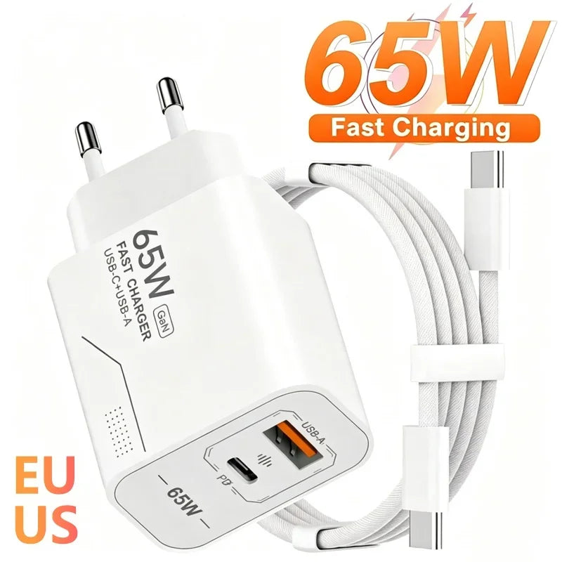 USB PD65W GaN Charger 2-Port Fast Charging Charger Type C High Speed Charge Mobile Phone Wall Adapter For Phone EU/US Charger
