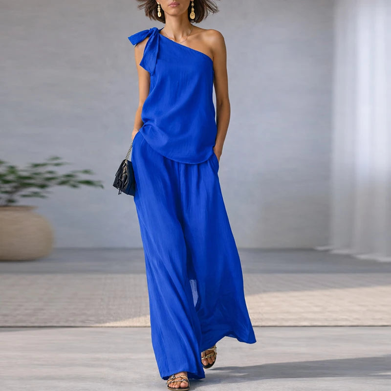Elegant Lace Up Sleeveless T Shirts Vest High Waist Loose Pants Suit Women Casual Two Piece Set Fashion Holiday Outfits