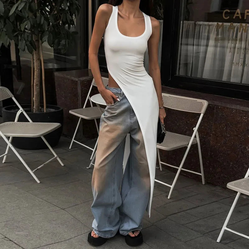 Sexy Sleeveless Side High Split Midi Dress Backless Women's Summer Party Club Streetwear Y2K Style Solid Color
