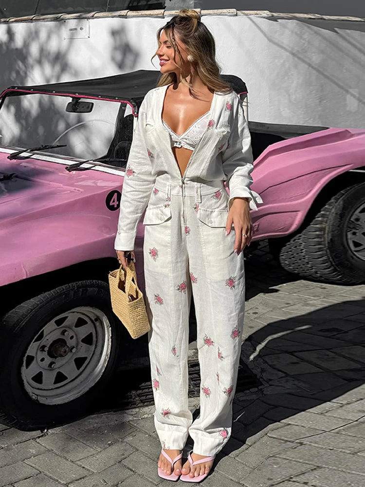 Elegant Print Women's Jumpsuits Fashion Long Sleeve V-neck Zippers Female Overalls 2026 Summer Autumn All-match Lady Outfit