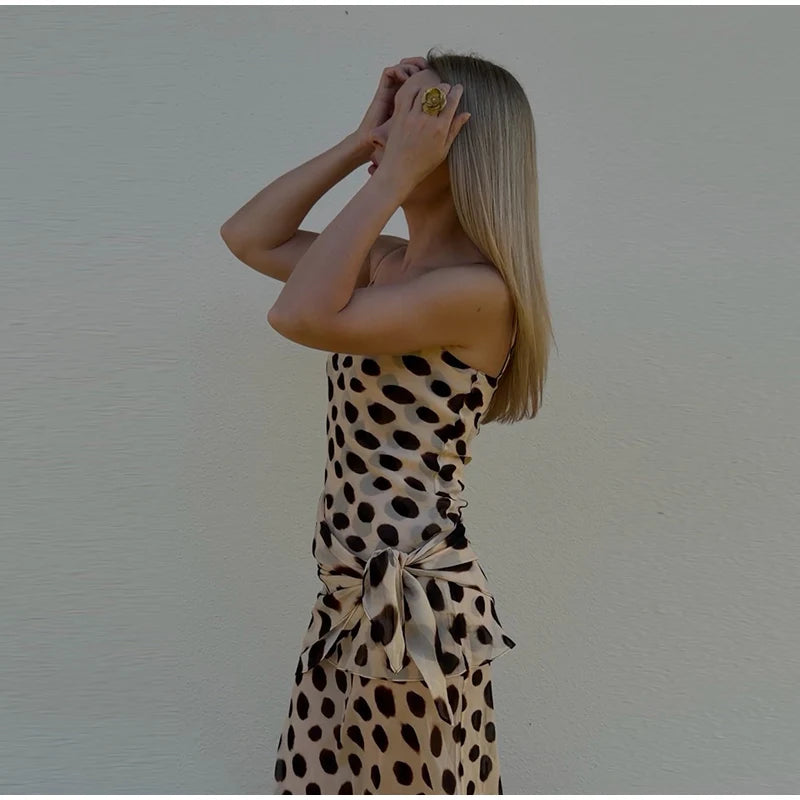 Vintage Print Maxi Dress Square Neck Spaghetti Strap Sleeveless Off Shoulder Detachable Wrap Tie Sash Dresses 2026 Chic Outfits