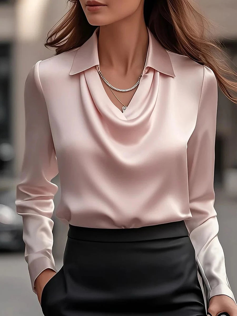Women Long Sleeve Lapel V Neck Satin Blouse Elegant Solid Loose Shirt Spring Summer Simple Chic Offce Lady Tops Fake Silk Shirt