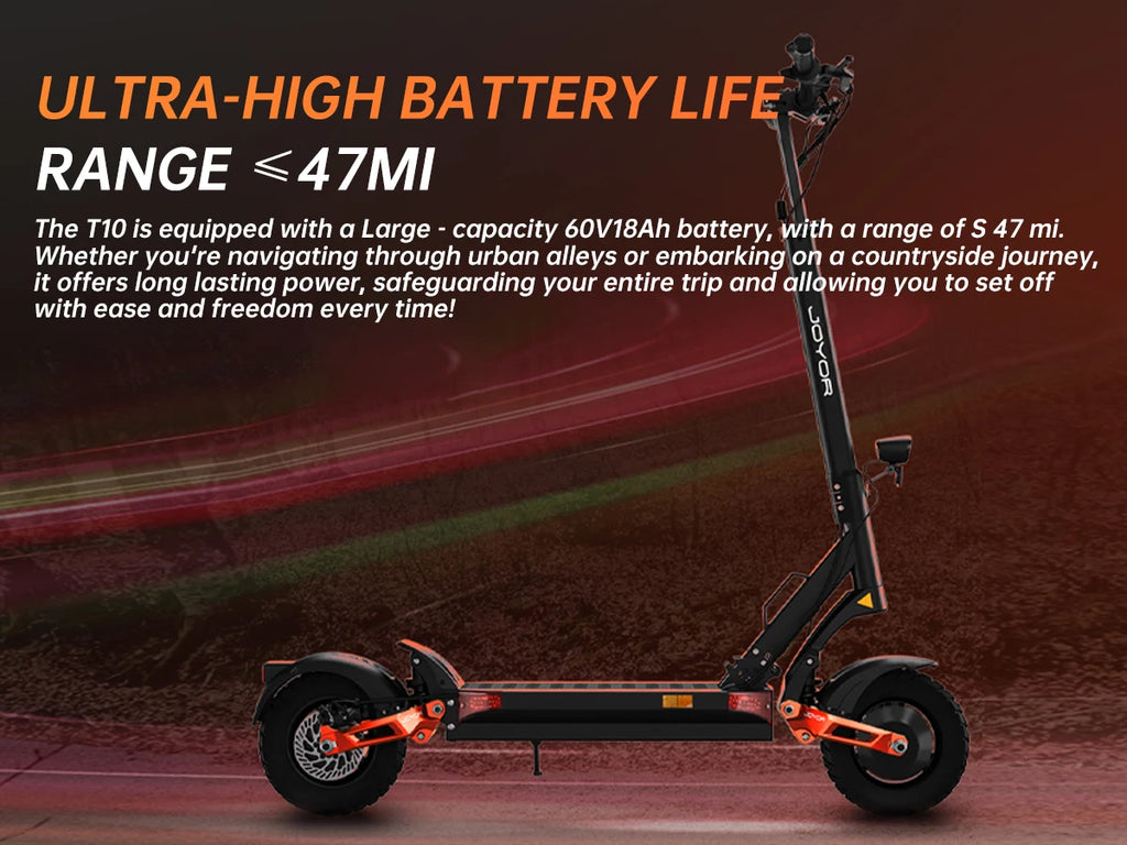 JOYOR T10 Flagship Electric Scooter 1000W Dual Motors 3600W Peak 37MPH 60V18Ah Battery 45 Miles Dual-Arm Suspension Dual Hydraulic Disc Brakes Anti-skid 10Inch OffRoad Tires High Speed Stability Aluminum Alloy Frame Foldable