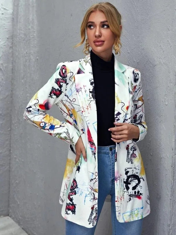 Vintage Graffiti Printing Blazer Women Jacket High Street Fashion 2021 New Spring Plus Size Elegant Lady Coat American Stylish