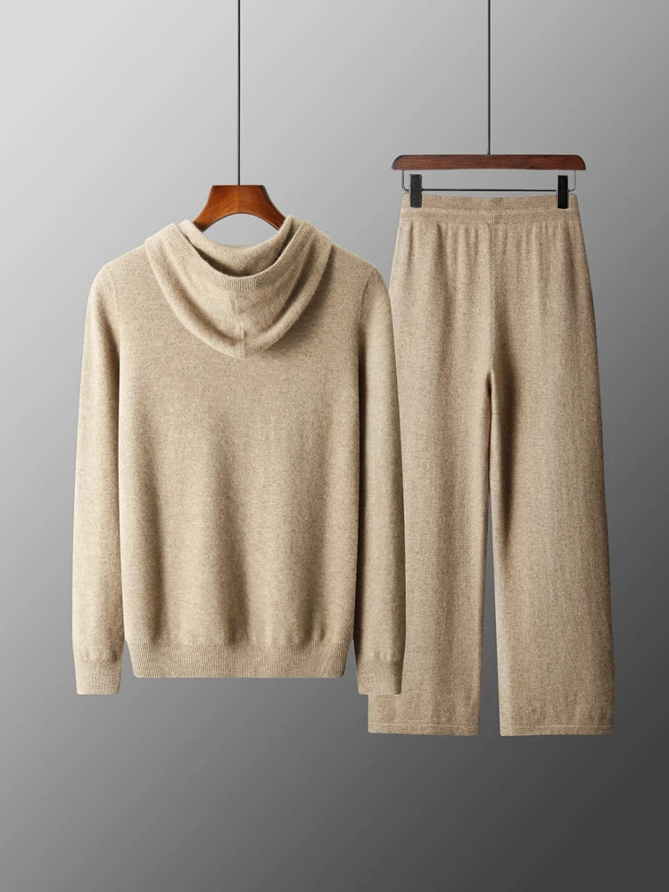 Men's 100% Merino Wool Two-piece Suit Knitting Hooded Collar Pullover and  Wide-leg Pant Autumn Winter Thickened Warm Sweater