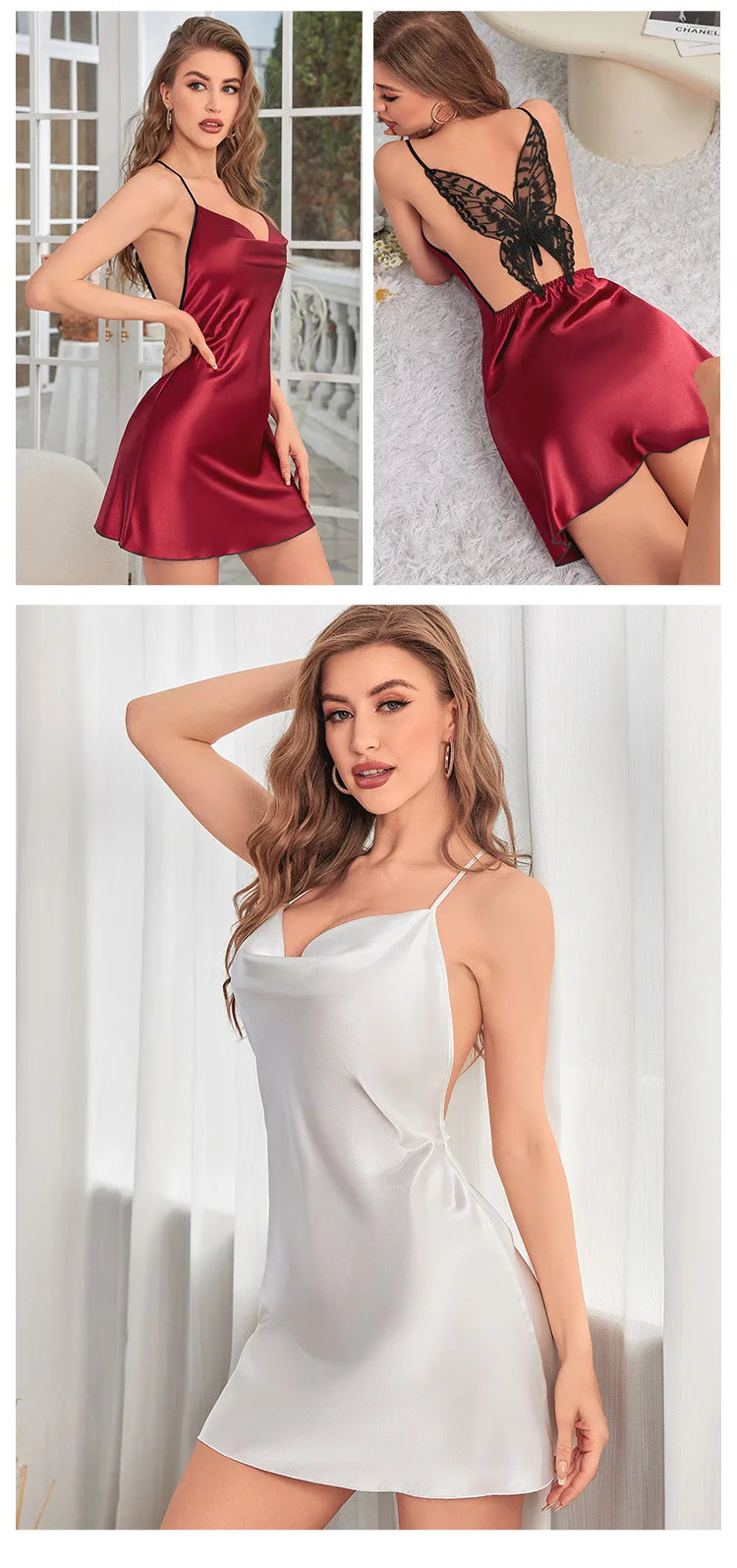 Fashion Solid Color V-neck Home Nightgown Women's Backless Cross Suspender Skirt Butterfly Decoration Simulation Silk Thin Dress