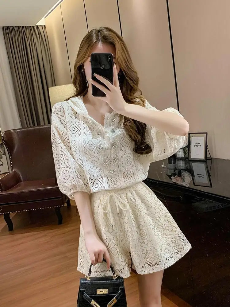 Short Sets for Women 2 Pieces Office Apricot Lace Woman Shorts Full Novelty in New Products Stylish Vacation Outfits 2025 Light