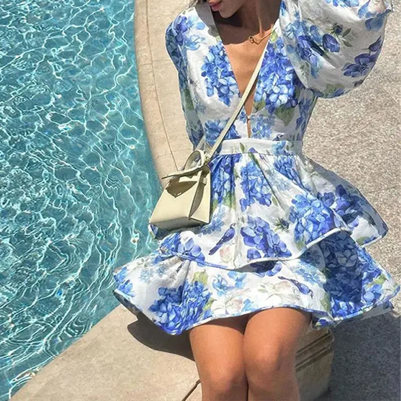 2025 Autumn New Stylish And Elegant Flower Print Women's Mini Dress Chic V-neck Puff Long Sleeve Double Layer Ruffle Mini Dress