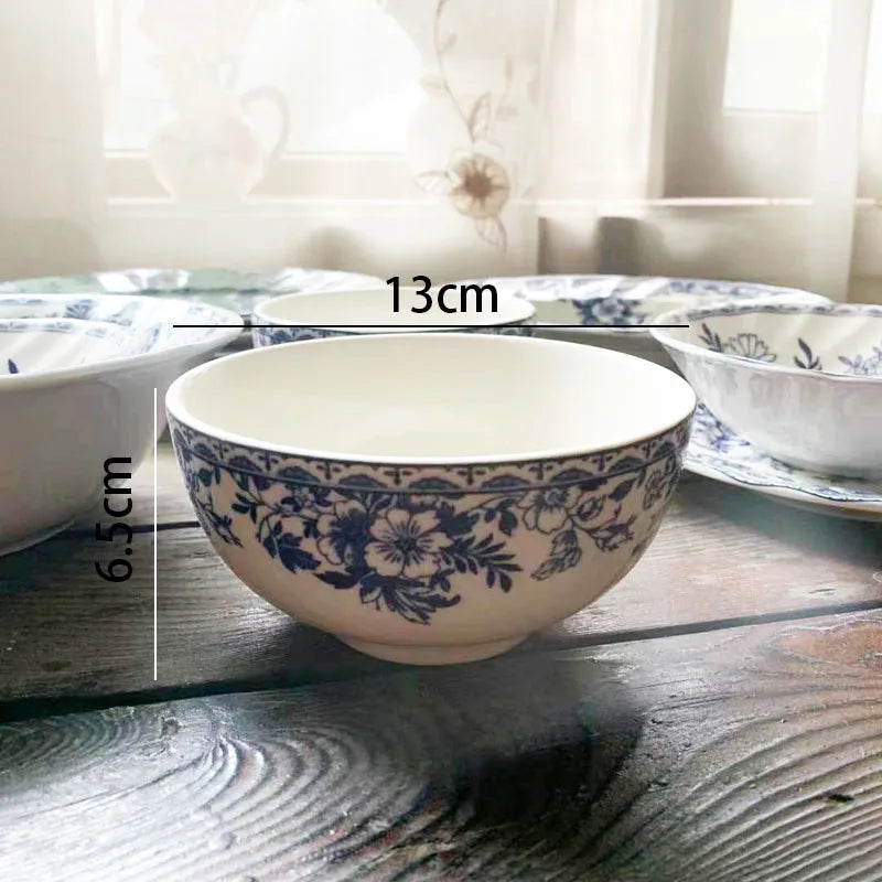 European Ceramic Dinner Plate Set Blue and White Porcelain Decorative Breakfast Plates Retro Hand Painted Restaurant Steak Dish