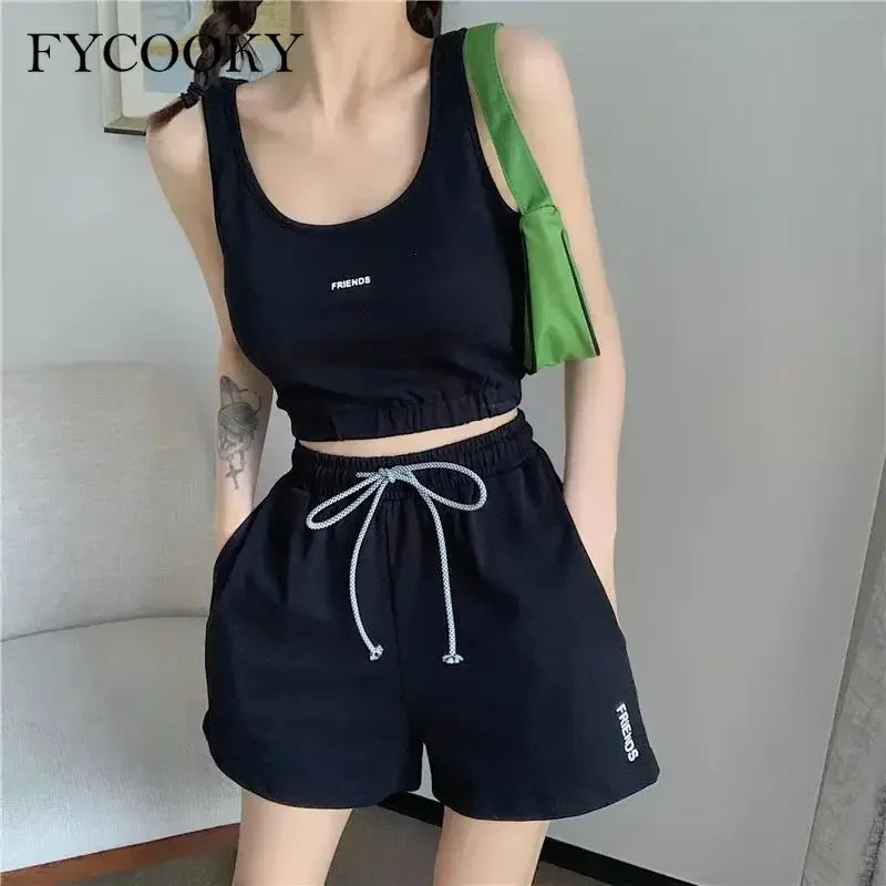 Women's Short Set Summer New Solid Sportswear Tank + Shorts Two Piece Womens Outifits Casual Sport Sets Woman