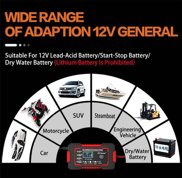 Car Battery Charger 12V 6A Touch Screen Pulse Repair LCD Fast Power Charging Wet Dry Lead Acid Digital LCD Display