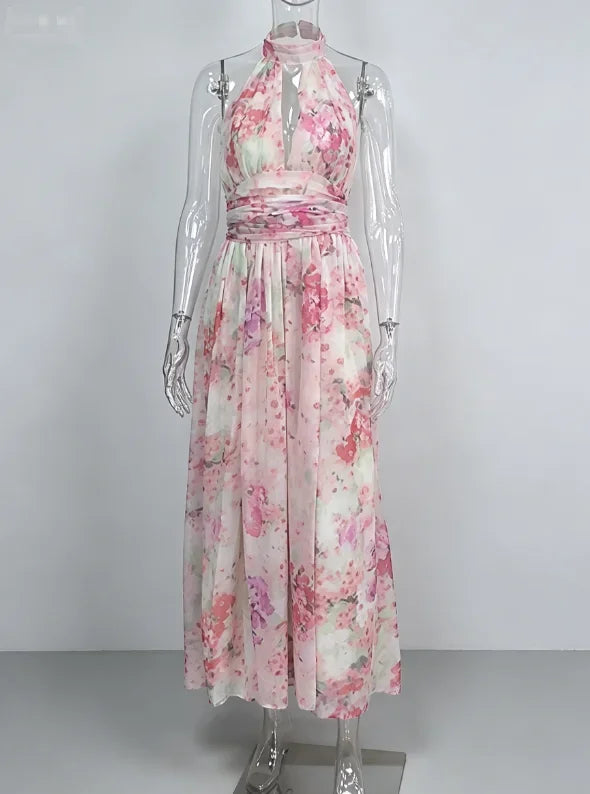 Floral Print Halter Maxi Dress Women Spring V Neck A Line Vacation Vestidos Backless Sleeveless Robes 2026 NEW Lady Long Dresses