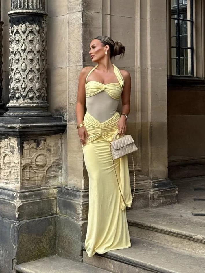 Suninheart Draped Maxi Evening Dress Women Elegant Halter Prom Dresses Wine Formal Occasions Backless Dress Sexy