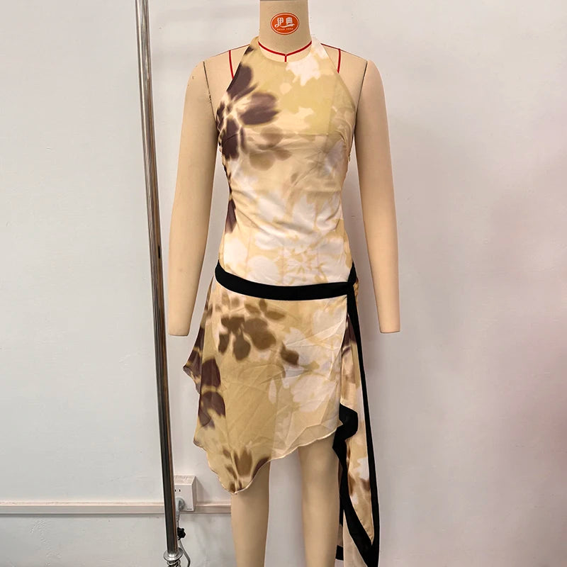 Yellow Brown Tie-Dye Midi Dress Print Halter Neck Open Back Asymmetric Hem Chiffon Dresses 2026 Party Women Fashion Chic Outfit