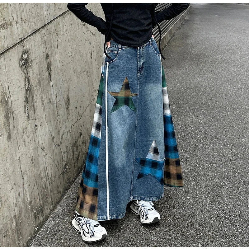 High Fashion Denim Skirt Women Elastic High Waist A-Line Long Skirt Female Colorful Patchwork Plaid Jean Skirt