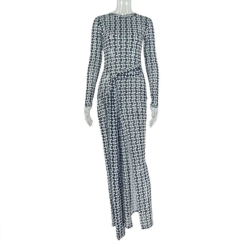 Women's Turtleneck Long Sleeve Waistband Ribbons Decoration Hips Wrapped Split Long Dress, Slight Perspective
